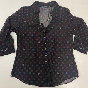 Banana Republic Size L Sheer Black Magenta Green Blue Polka Dot Blouse Top